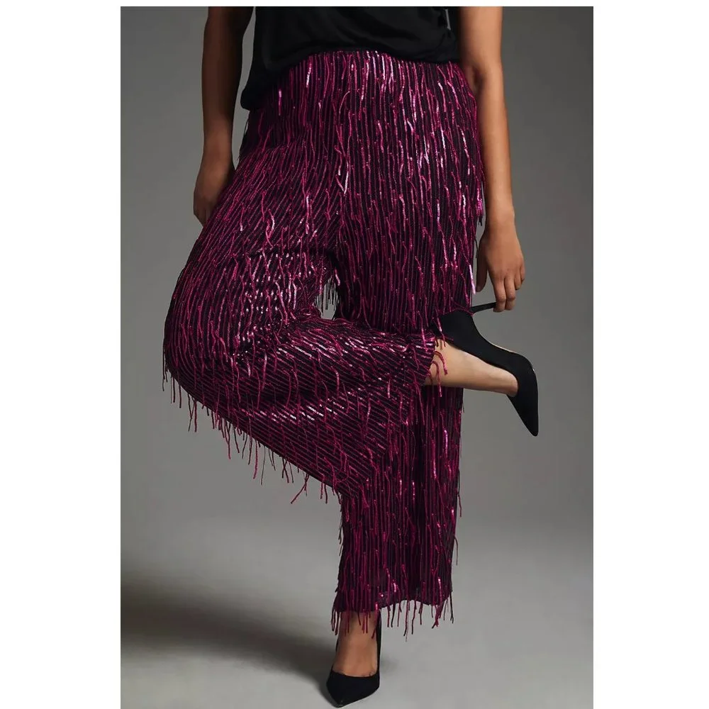 Anthropologie Maeve Fringed Sequined Wide-Leg Pants Plum Purple 20W Plus - Picture 1 of 13